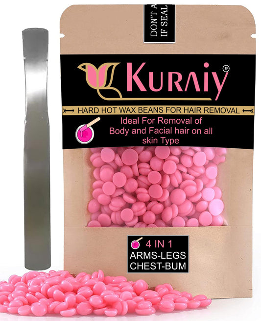 KURAIY� Hair Removal Hot Hard Body Wax Beans (50Gm) for Face, Arm, Legs, Bum and whole Body For Men and Women Suitable for All Skin Types with Steel Spatula - Quickona